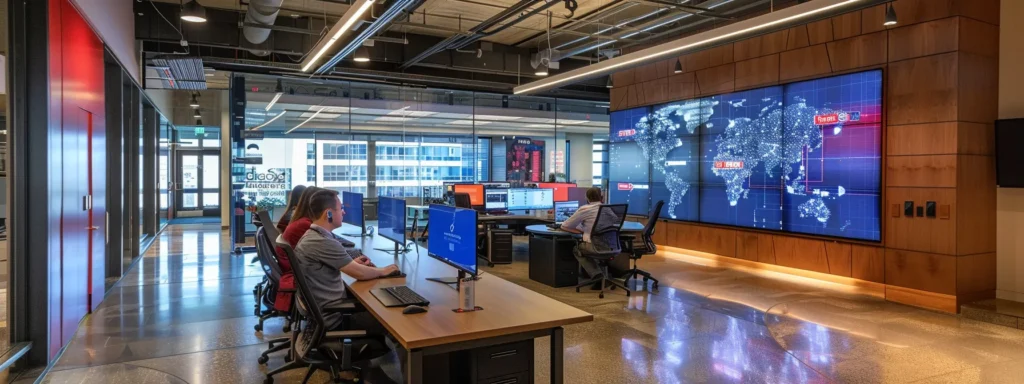 a dynamic office environment features a large screen displaying intricate api error codes, with a focused team of digital pr professionals analyzing the data and brainstorming solutions around a modern conference table.