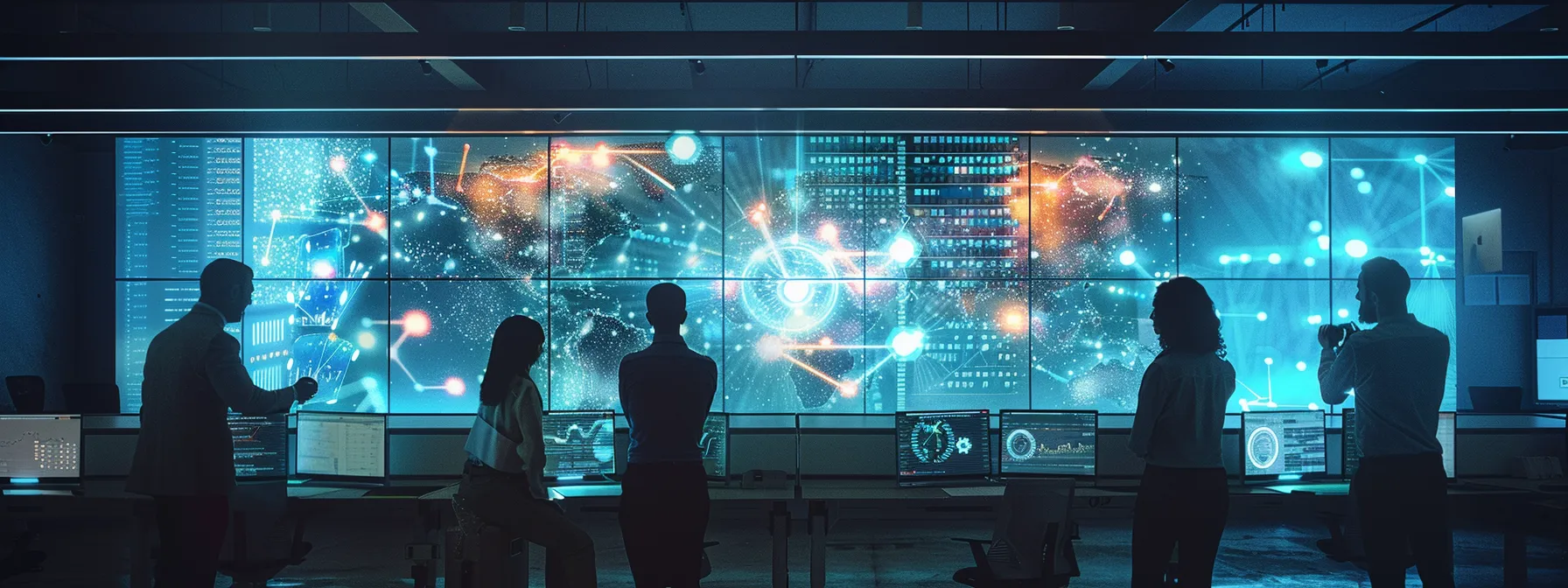 a focused office environment showcases a diverse team engaged in a collaborative brainstorming session, surrounded by digital screens displaying real-time api monitoring metrics and error resolution strategies, embodying the proactive approach to preventing outreach campaign failures.