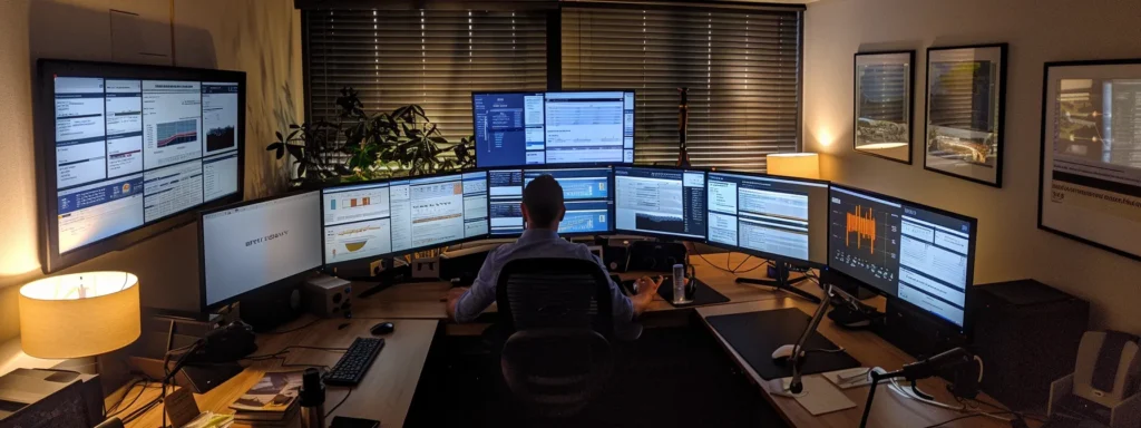 a focused office scene showcases a professional examining a digital dashboard, highlighting troubleshooting interfaces and sync indicators on multiple screens, emphasizing the complexity of pr campaign tool management.