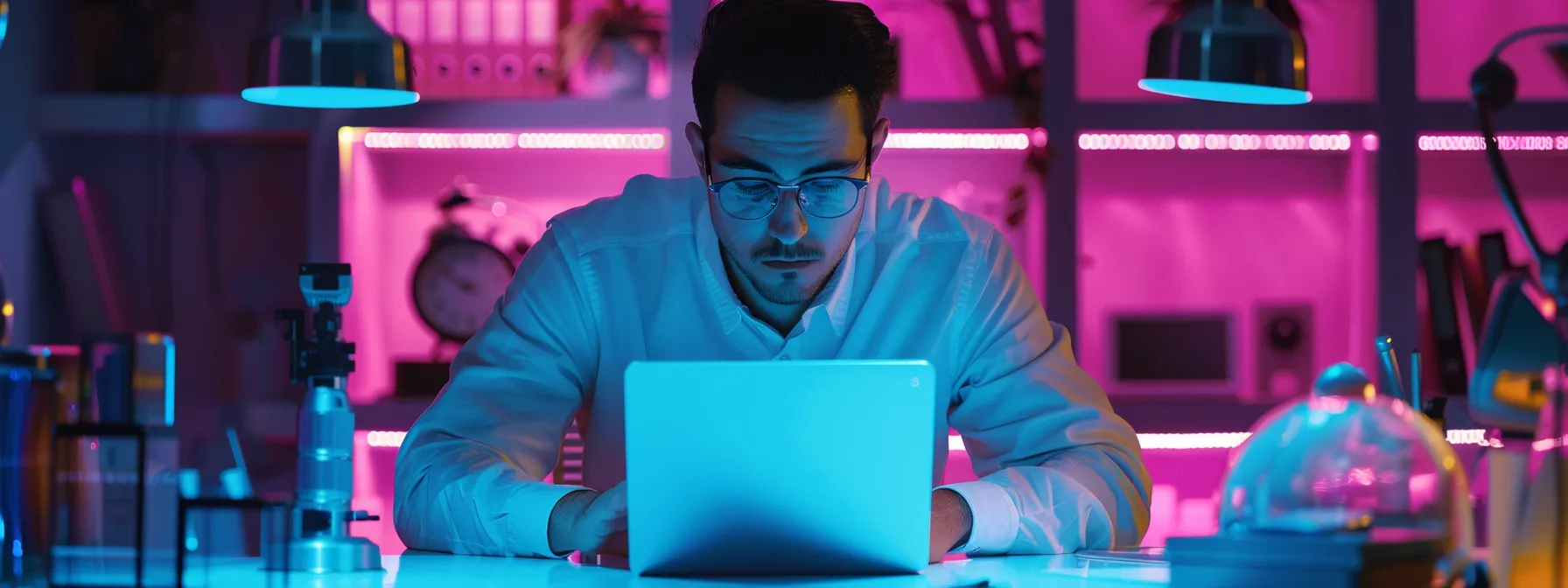 a focused office setting features a confident professional intently troubleshooting their email software on a sleek laptop, surrounded by modern tech gadgets, illuminated by bright artificial lighting that highlights the urgency of resolving connection and authentication issues.