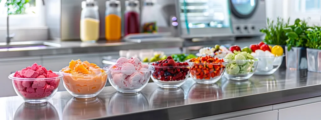 a modern kitchen countertop showcases an elegant setup for crafting frozen yogurt, featuring vibrant bowls of fresh ingredients, a sleek ice cream machine, and an array of colorful toppings under bright, focused lighting.