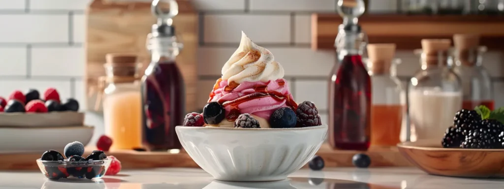 a sleek, modern kitchen countertop showcases a creative arrangement of colorful liquid sweeteners in stylish glass bottles, with a rich, creamy frozen yogurt in an elegant bowl, invitingly topped with a drizzle of maple syrup and fresh berries, highlighting the craft of balancing flavors for the perfect texture.