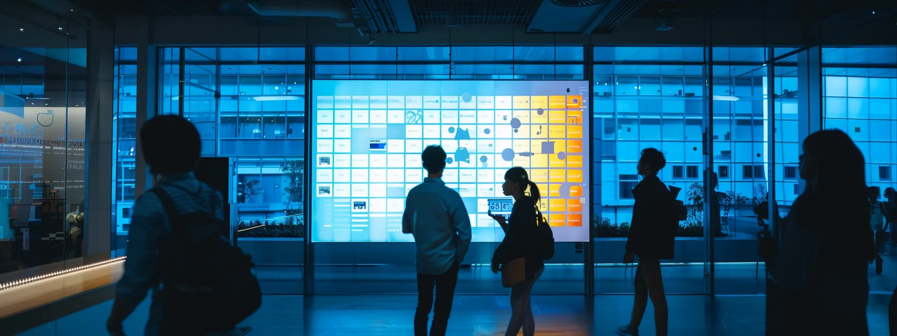 a sleek, modern office environment featuring a large digital display showcasing key email authentication concepts like spf, dkim, and dmarc, illuminated by soft artificial lighting that enhances the high-tech ambiance.