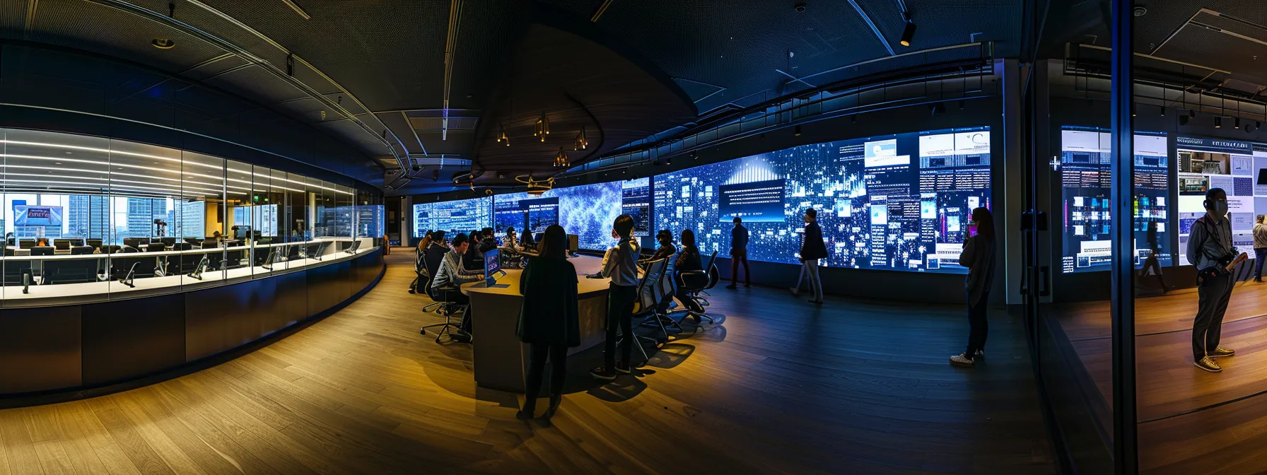 a sleek, modern office environment showcases digital screens displaying complex data visualizations, while a team collaborates around a central conference table, emphasizing the dynamic functionality and efficiency of ai agents in task planning and decision-making.