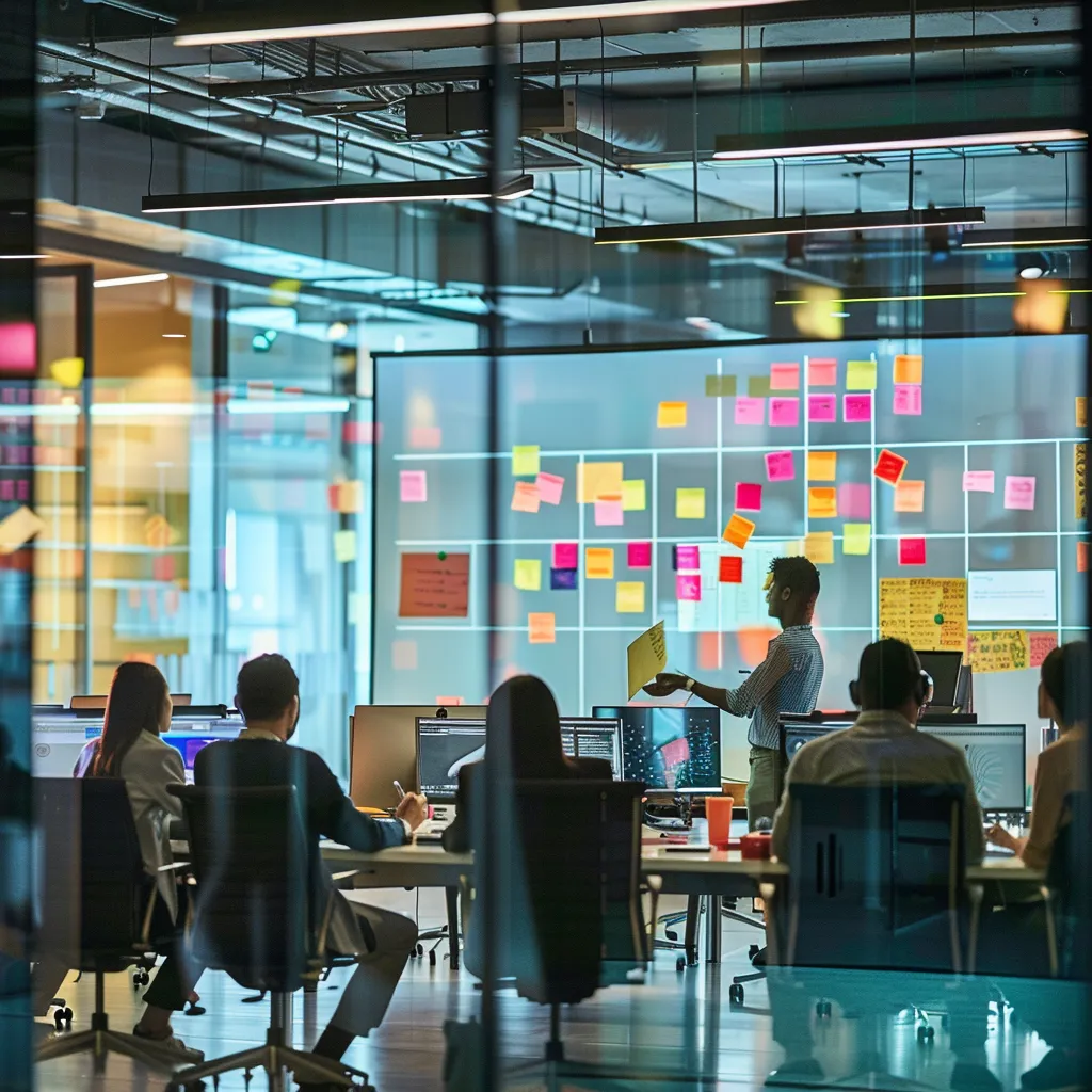 a sleek, modern office environment showcases a diverse group of professionals engaged in an intense brainstorming session, surrounded by large digital displays and vibrant post-it notes on glass walls.