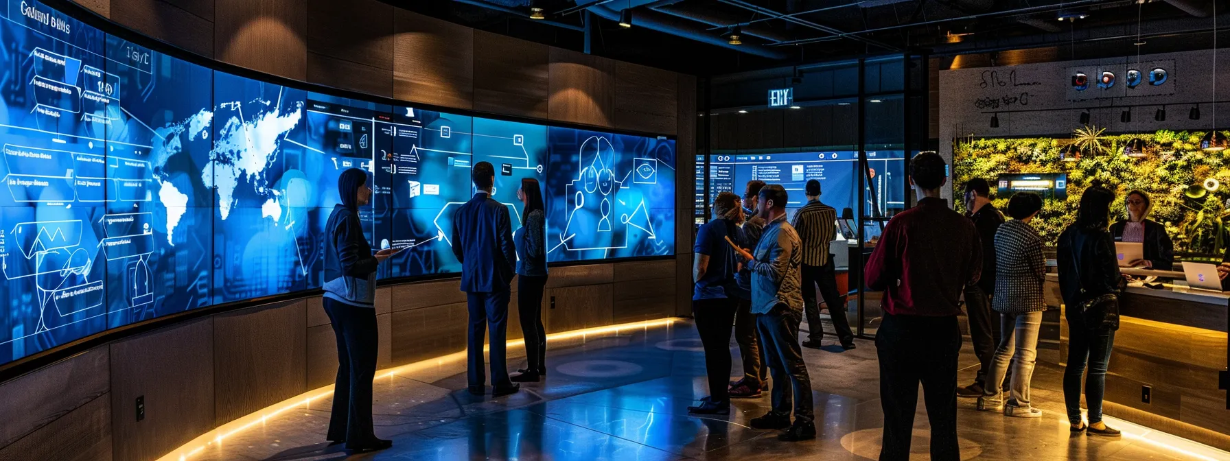 a sleek modern office space features a large digital screen displaying email authentication protocols, surrounded by attentive professionals engaged in an interactive discussion about solving email marketing challenges, illuminated by ambient lighting that highlights their focused expressions.