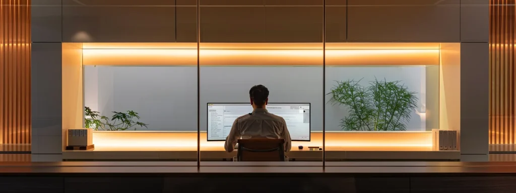 a sleek, modern office space showcases a professional seated at a minimalist desk, intently engaging with a computer screen displaying email configuration settings, illuminated by focused desk lighting that emphasizes the importance of digital communication in cold email campaigns.