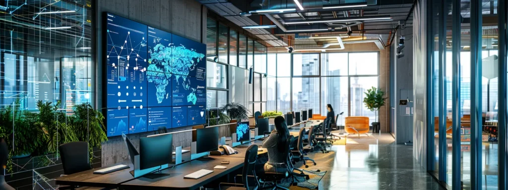 a sleek, modern office space features a vivid digital display showcasing diverse ai agents interacting seamlessly with datasets, embodying the innovation and technology behind artificial intelligence.