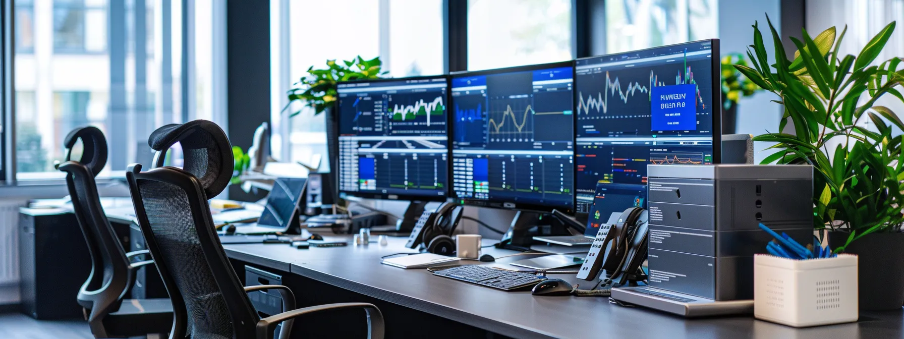 a sleek, modern office workspace is filled with multiple high-resolution monitors displaying synchronized digital campaign tools and a clear table with organized folders, illustrating best practices for preventing sync issues in a professional environment.