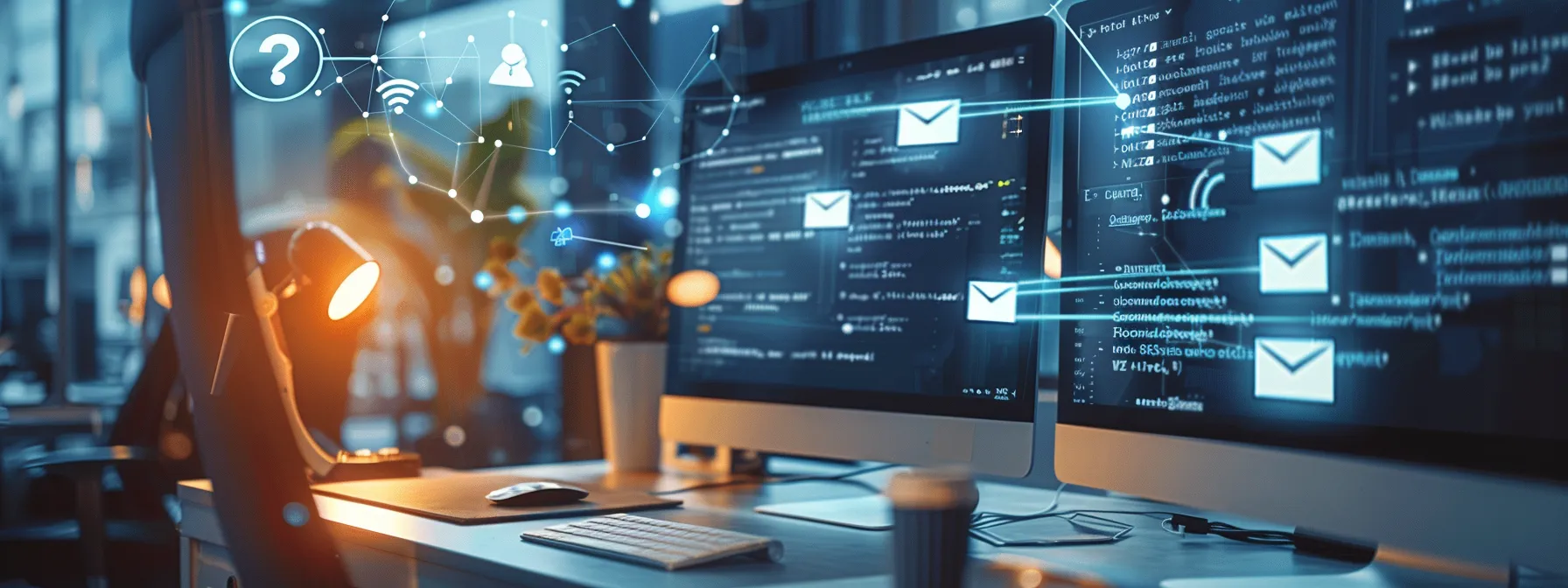 a sleek, modern office workspace showcases a computer screen displaying an email client with highlighted smtp settings, accompanied by a thoughtfully arranged organizational chart and digital security icons symbolizing troubleshooting for authentication issues.