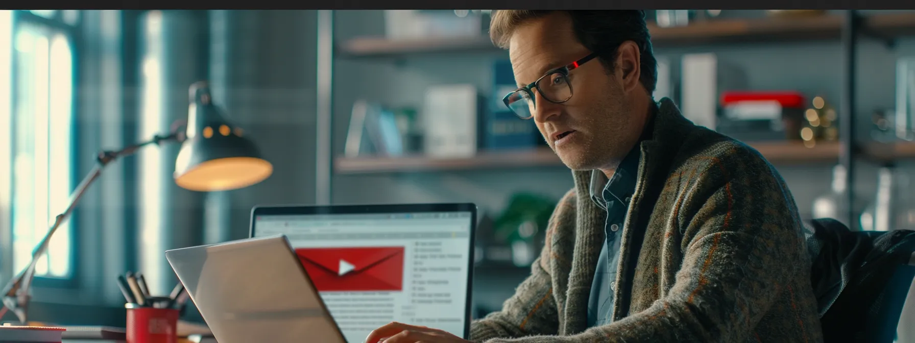 a sleek, modern office workspace features a laptop open to a vibrant email interface, with a professional in business attire engaging in a focused discussion with a colleague, highlighting the significance of email connection in cold outreach strategies.