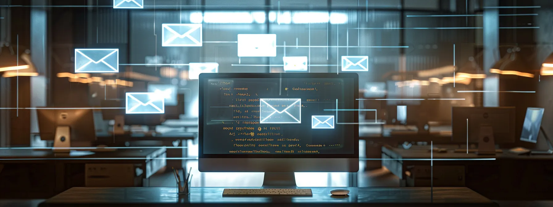 a sleek, modern office workspace features an illuminated computer screen displaying complex email authentication protocols, with digital diagrams of spf, dkim, and dmarc intricately laid out, exuding a sense of high-tech efficiency and cybersecurity expertise.