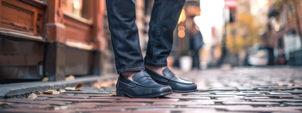 a stylishly dressed individual confidently navigates an urban setting, showcasing sharp black leather loafers paired with well-fitted jeans, exuding a relaxed yet sophisticated vibe perfect for casual gatherings.