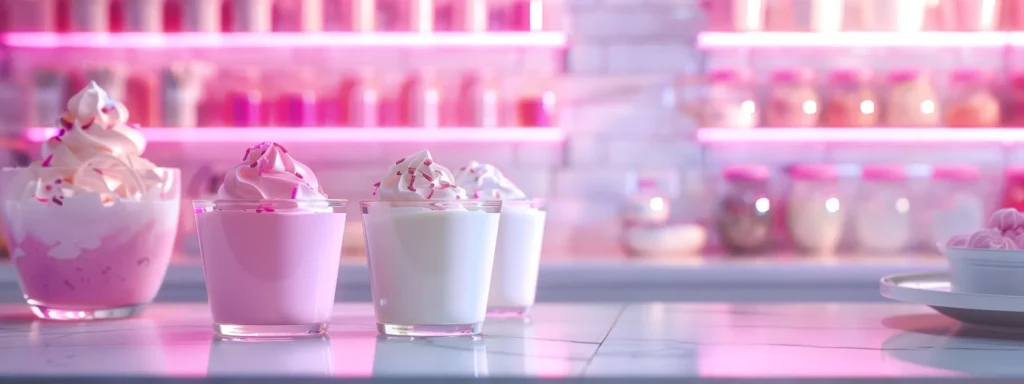 a vibrant, modern kitchen scene showcases a glossy counter filled with an assortment of rich full-fat yogurt, creamy greek yogurt, and jars of fresh cream, illuminated by soft, warm lighting to highlight the textures and color contrasts, emphasizing the art of crafting the perfect frozen yogurt base.