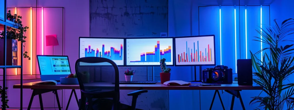 un dinámico entorno de oficina con pantallas de computadora que muestran gráficos de seo ascendentes y análisis de tráfico en tiempo real, iluminado por luces de neón que reflejan la innovación y competitividad del marketing digital.
