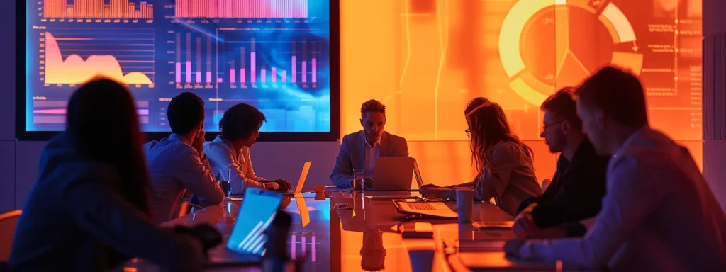 una sala de reuniones moderna y minimalista, iluminada con luz artificial suave, donde un grupo de profesionales analiza gráficos y datos en laptops, en un entorno que refleja estrategias avanzadas de marketing digital y parásito seo.