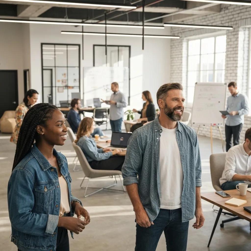 Diverse group of digital nomads networking in a coworking space, highlighting community engagement