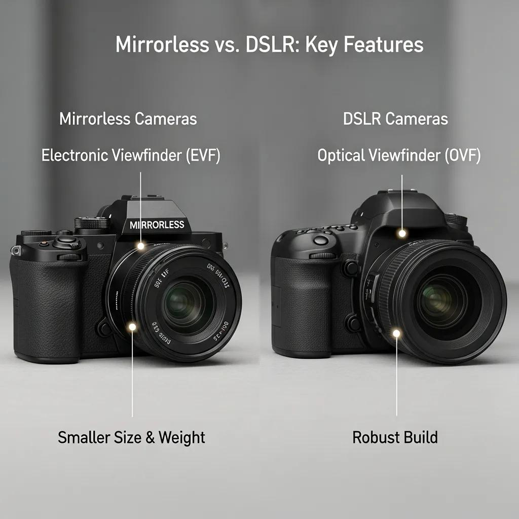 Comparison of mirrorless and DSLR cameras highlighting their key features and designs