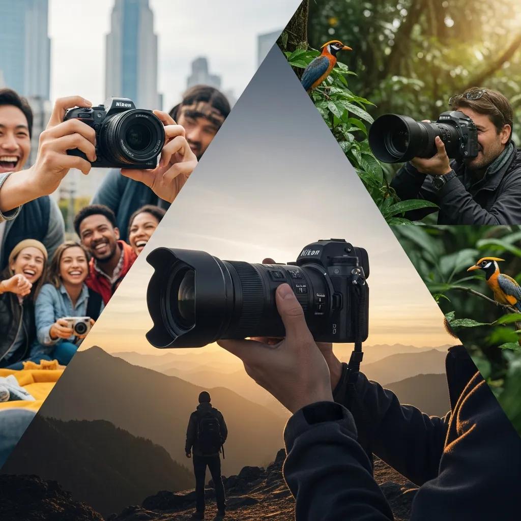 Different Nikon camera families including Z-series, D-series, and COOLPIX in various photography settings