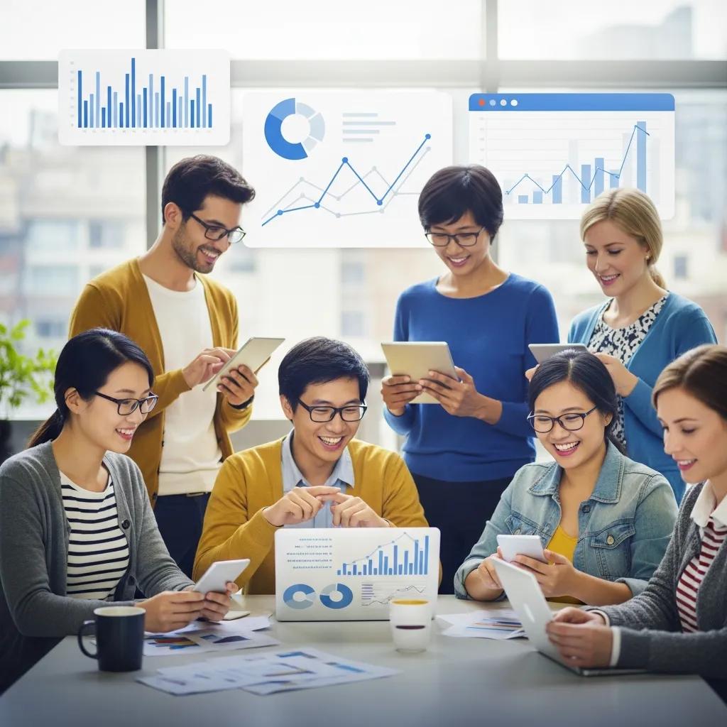 A diverse group collaborates in a research setting, analyzing data to forecast societal moods.