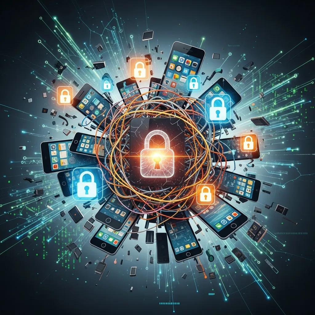Visual representation of mobile testing challenges including device fragmentation and security