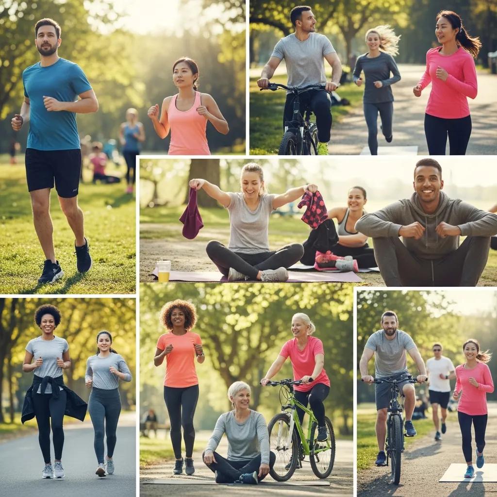 Group of diverse individuals exercising outdoors, showcasing the link between physical activity and mental health