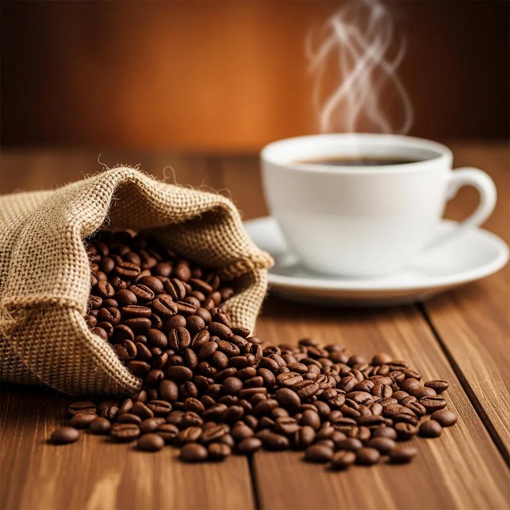 Freshly roasted coffee beans spilling from a burlap sack with a steaming cup of coffee in the background, emphasizing rich aroma
