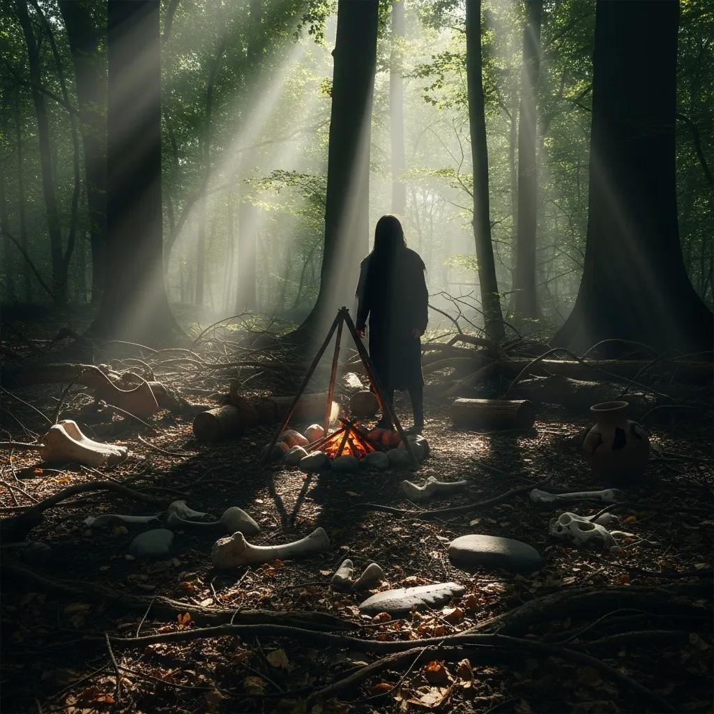 Historical depiction of cannibalism with shadowy figure and ancient artifacts