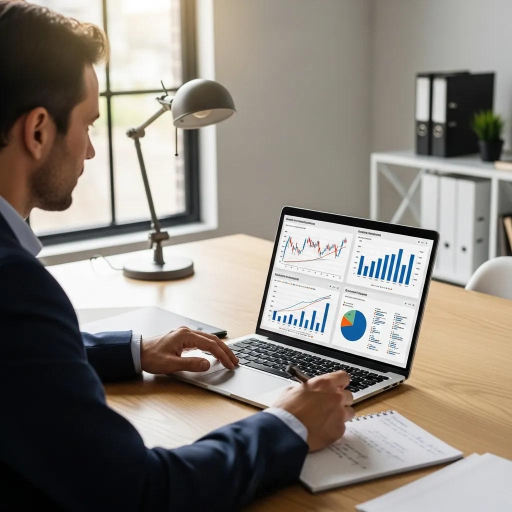 Person analyzing investment options using AI tools on a laptop in a modern office, with financial graphs and charts displayed on the screen, emphasizing personalized wealth management and budgeting strategies.