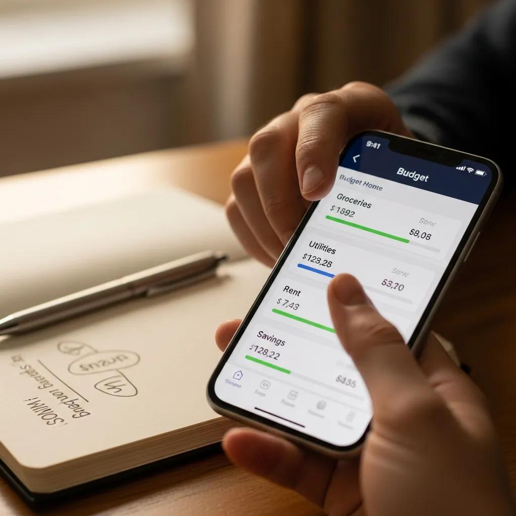 Smartphone displaying budgeting app interface for personal finance management, showing categories like groceries, utilities, rent, and savings, with visual indicators of spending and savings.