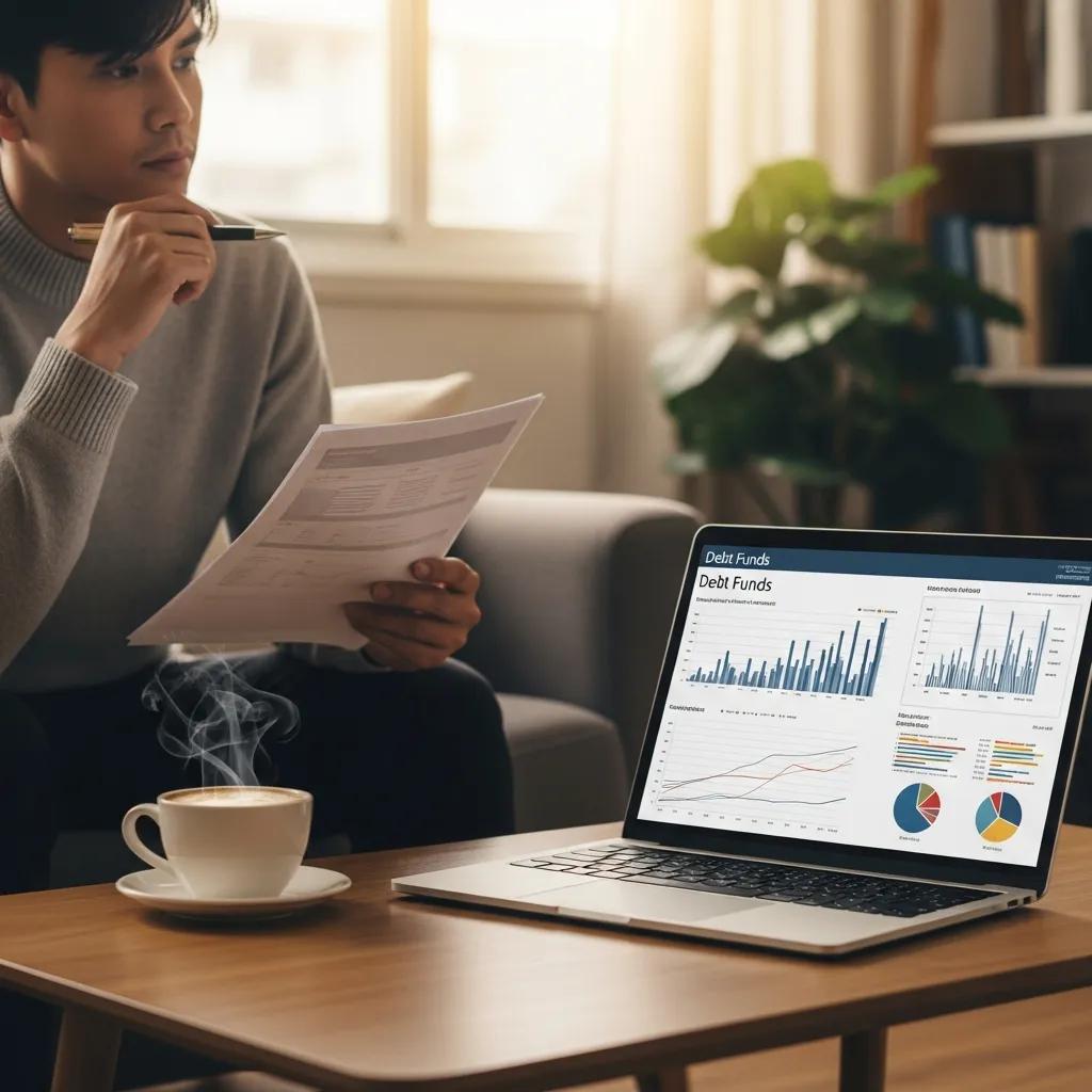 Cozy home setting with a person reviewing debt fund documents and a laptop